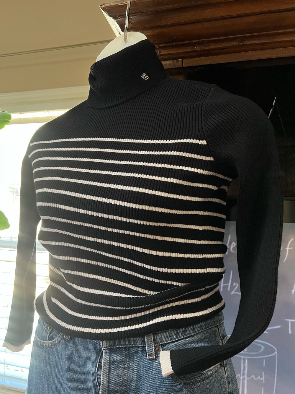 Ralph Lauren RLL Monogrammed Turtleneck Black & White Stripe M EUC 100% Cotton